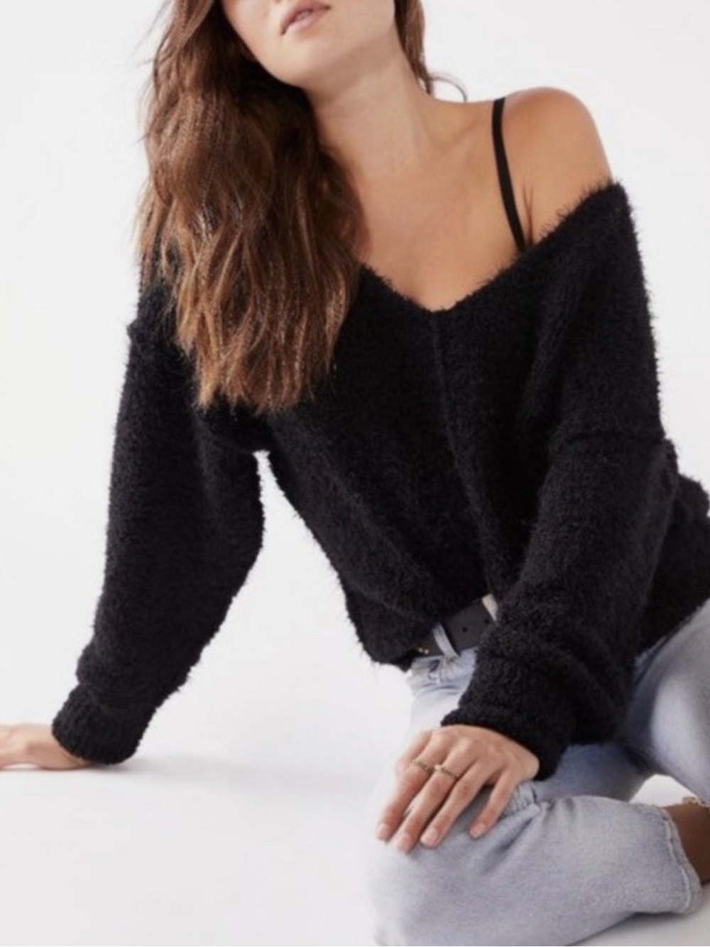 Free People Black Icing V Neck Eyelash Knit Long Sleeve Sweater Size L Fuzzy